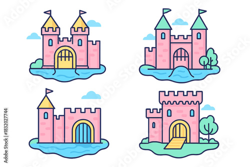 Colorful medieval castles on a bright day with flags, surrounded by water and trees, showcasing distinct designs and features
