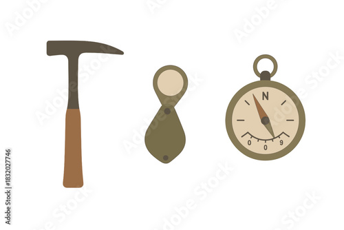 Tools for adventure: hammer, compass, and pulley for exploration and construction activities