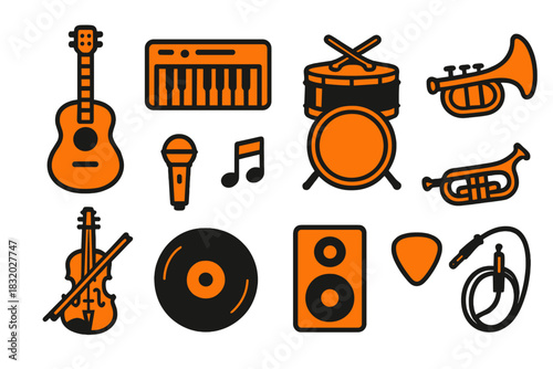 Colorful collection of musical instruments and equipment in a vibrant design for music lovers