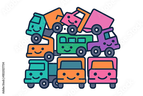 Colorful cartoon vehicles stacked playfully in an abstract design for children?s artwork
