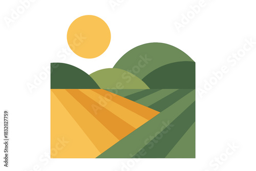 Bright sun above rolling hills and colorful fields during a warm afternoon in a serene landscape