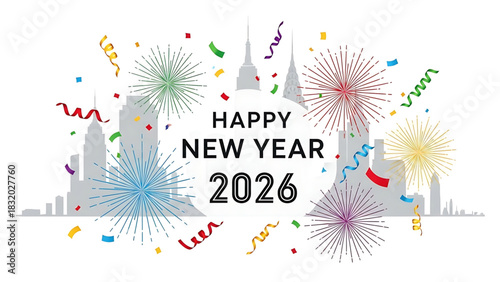 Cheerful New Year 2026 celebration amidst cityscape fireworks illustration