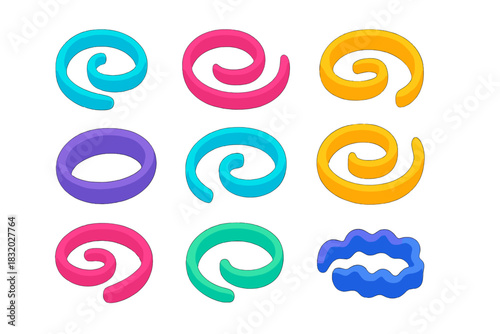 Colorful spiral rubber bands in various shapes and sizes on a white background