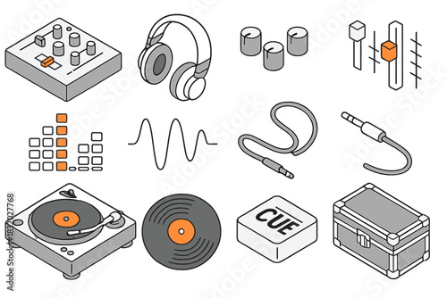 Musical equipment and tools arranged for a recording session featuring turntables, headphones, and audio mixers