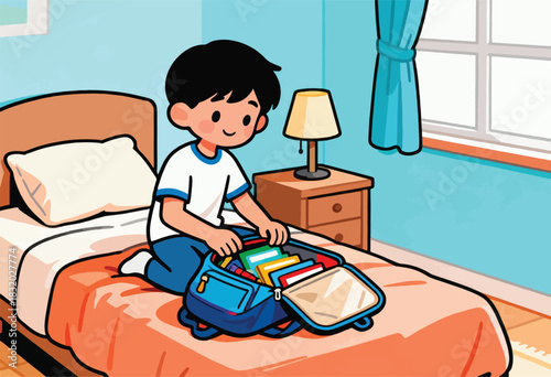 A young boy prepares his school bag on his bed in a cozy bedroom, featuring a lamp, curtains and books