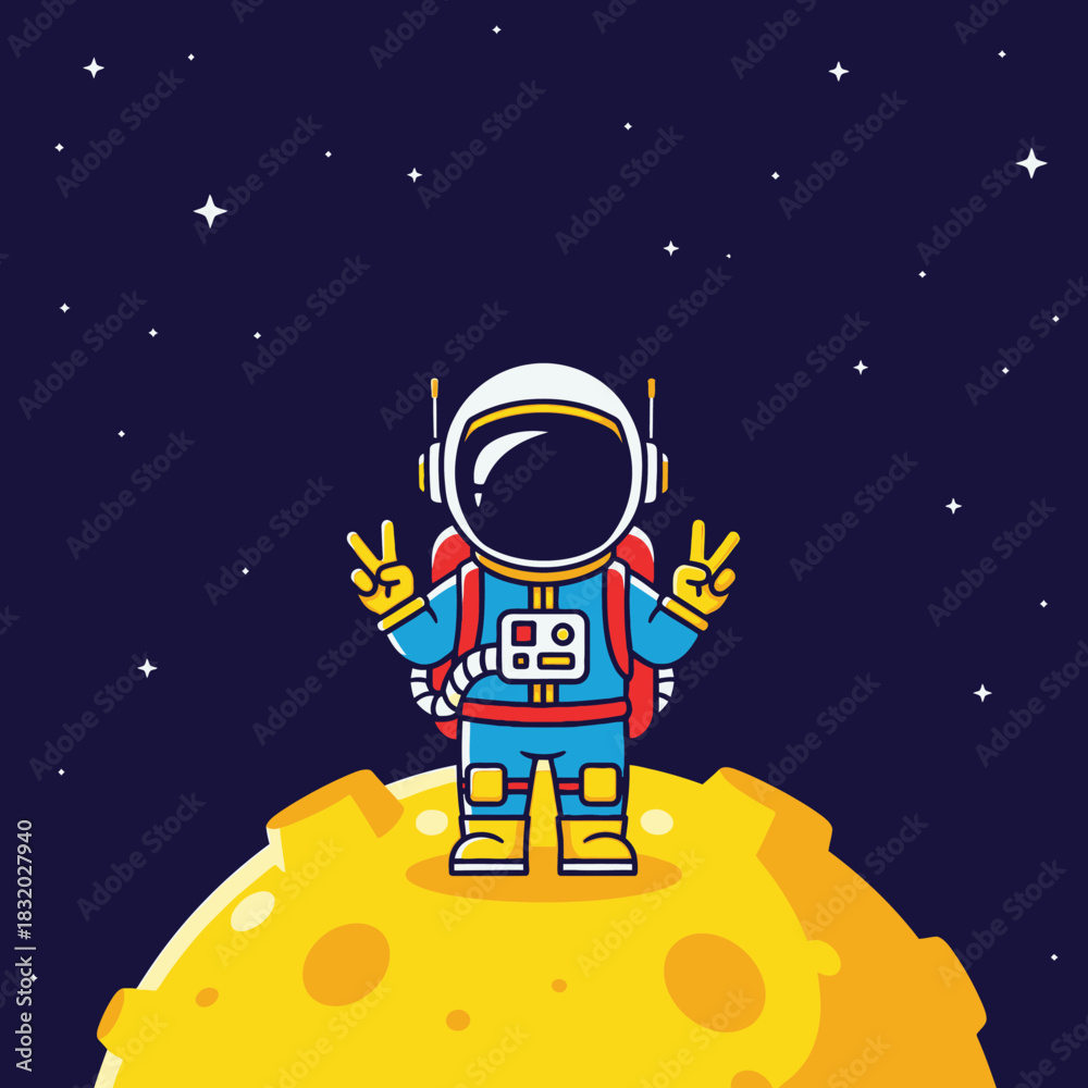 Naklejka premium A Cartoon Astronaut on the Moon Extending Peace Signs Against Starry Cosmos Backdrop