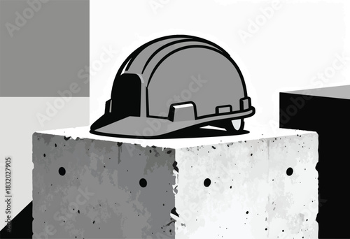 A construction helmet sits atop a block, with geometric shapes against a bright backdrop. Black lines define