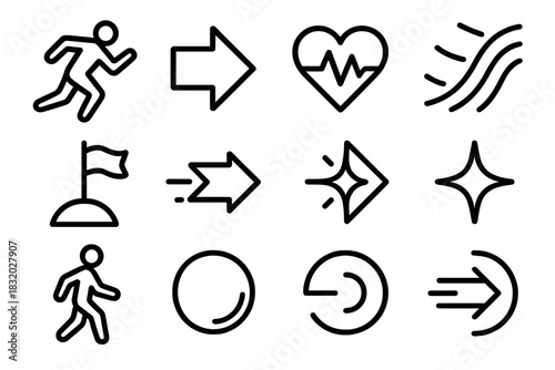 Dynamic Movement Icons. Motivated Movement Set linear icon set: running silhouette, push-forward arrow, active heartbeat, energetic wave, challenge marker, acceleration line