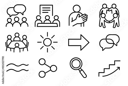 Community Dialogue Icons. Community Dialogue Support linear icon set: group bubbles, shared notes, supportive gesture, meeting table, unity circle, warm spark, guidance arrow, calm
