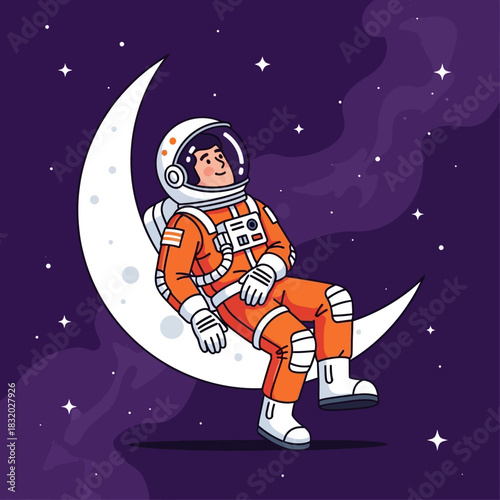 Astronaut resting on the moon with a joyful expression gazing into the infinite cosmos