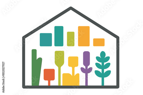 Colorful garden graphic showcasing various plants in a simple house outline