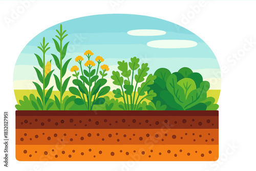 Gardening in a greenhouse with various plants growing in rich soil under a clear sky