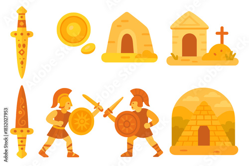 Warriors in battle with ancient weapons near historical monuments in a vibrant illustration