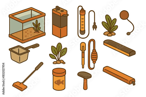 Aquarium equipment and tools arranged in a neat layout for fish care and maintenance