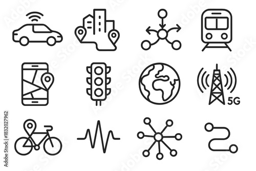 Connected Smart Transport Icons. Digital Transport Ecosystem linear icon set: self-driving car, city skyline, route algorithm, train icon, smartphone navigation, traffic signal