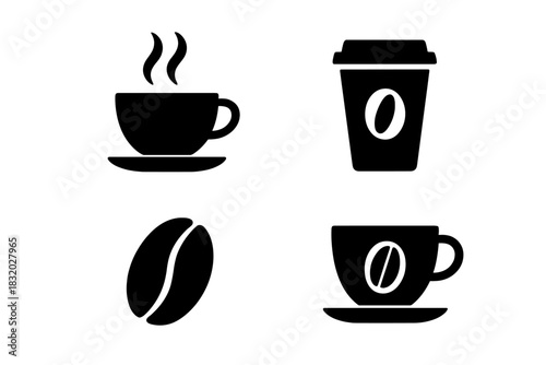 Simple black and white coffee icons illustrating different coffee-related items and activities