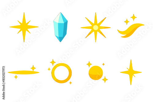 Vibrant Light Symbols. Brilliant Light Symbols set flat icons set. shining star, glowing crystal, radiant flare, shimmer wave, golden beam, sparkle ring, luminous glow, flare point