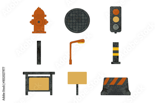 Collection of common street objects like fire hydrant, traffic light, and signpost in a simple design