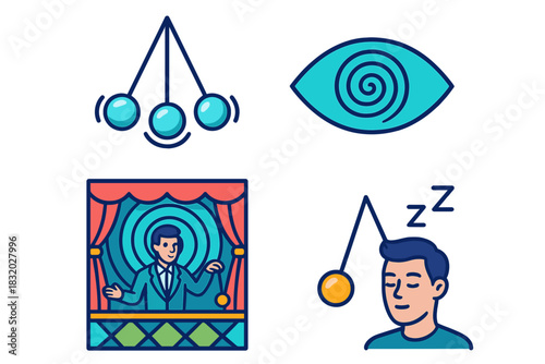 Hypnosis techniques and visual aids in a colorful illustration showing various aspects of hypnosis practice