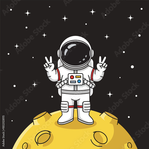 Cheerful astronaut making peace sign in the darkness of deep space adventures with planets