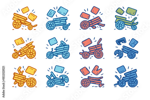 Colorful illustrations of playful carts and wagons in creative designs with blocks falling on them