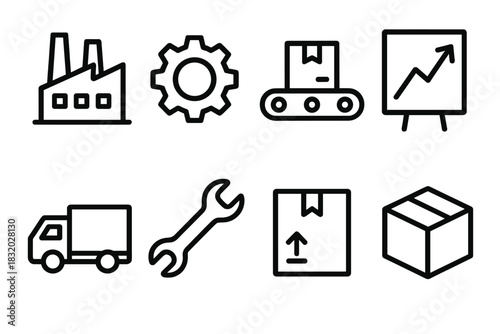 Industrial Icon Set. Industrial Production linear icon set. factory, gear, conveyor belt, box, chart, truck, wrench, package.