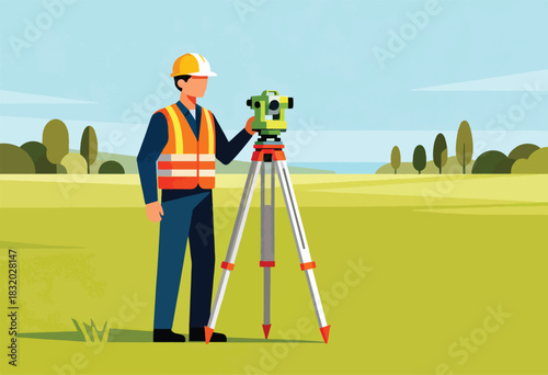 An illustrated surveyor stands in a field with surveying equipment, ready for land measurement
