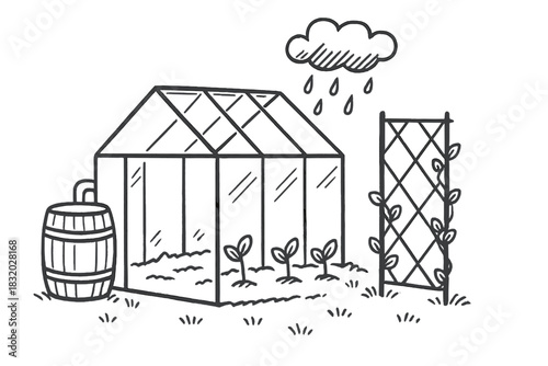 Greenhouse with seedlings, rain cloud and garden trellis in a simple outdoor setting