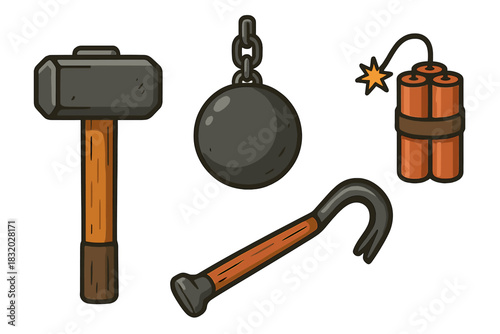 Tools for demolition and construction including hammer, wrecking ball, dynamite, and crowbar