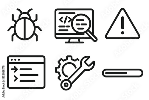Debugging Icon Set. Debugging linear icon set: bug icon, magnifying glass on code, warning triangle, terminal log, fix symbol, progress bar