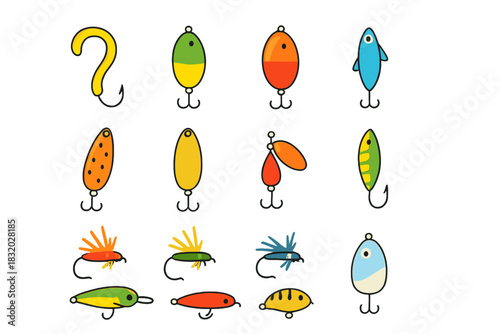 Various colorful fishing lures displayed on a flat surface showcasing different shapes and designs