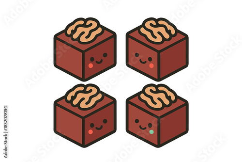Cute cartoon chocolate squares with smiling faces and brain-shaped toppings display a whimsical dessert concept