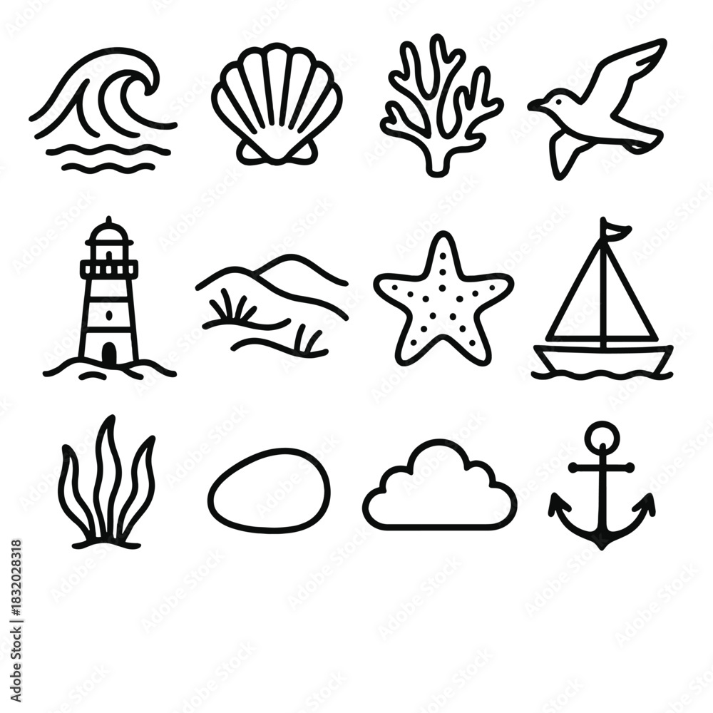Fototapeta premium Coastal Icon Collection. Coastal Beauty linear icon set. wave, shell, coral, seagull, lighthouse, sand dune, starfish, sailboat, seaweed, pebble, cloud, anchor