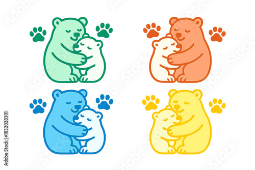 Cute cartoon bears hugging their cubs in colorful designs representing love and warmth