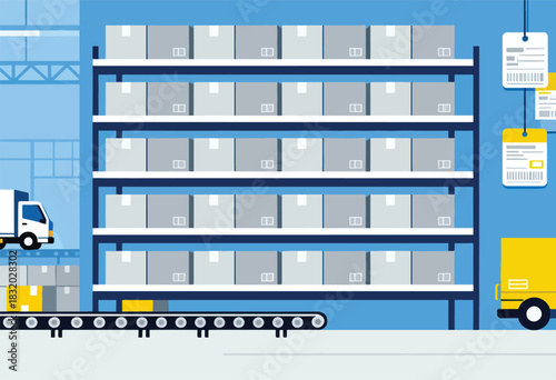 An illustration depicting a warehouse scene. Boxes on shelves and a conveyor belt, with trucks. Tags hang