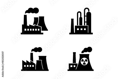 Factory icons representing various industrial activities in a simplified design style