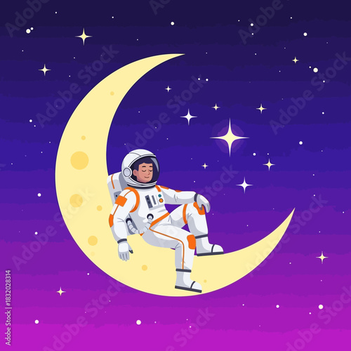 Astronaut's serene cosmic moment of respite upon the radiant lunar crescent surface illustration