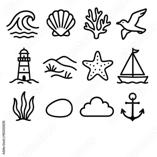 Coastal Icon Collection. Coastal Beauty linear icon set. wave, shell, coral, seagull, lighthouse, sand dune, starfish, sailboat, seaweed, pebble, cloud, anchor
