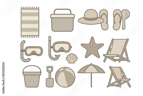 Beach essentials for a fun day in the sun featuring towels, chairs, and snorkeling gear