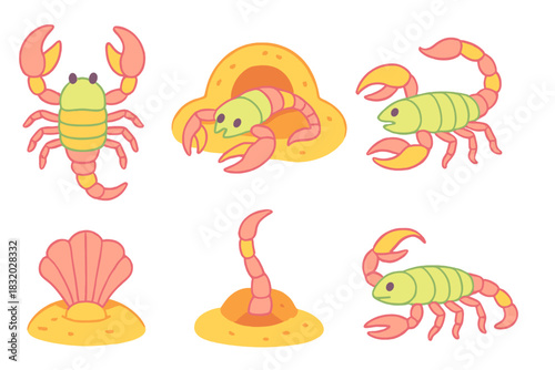Colorful cartoon sea creatures featuring crabs, shrimps, and shells on a bright sandy background
