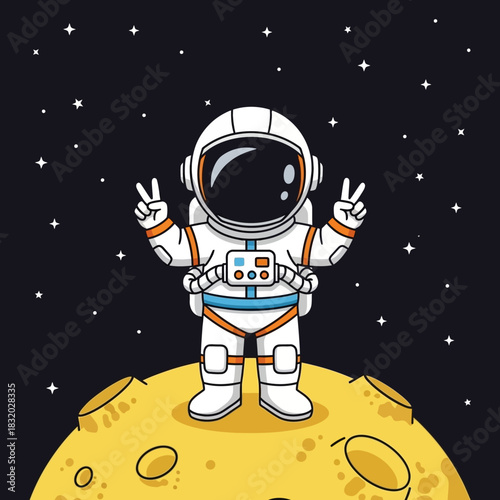 Whimsical astronaut cartoon celebrating in space exploration on a lunar surface with stars