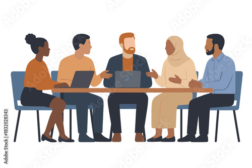 Diverse team engaged in discussion during a collaborative meeting in a modern office setting