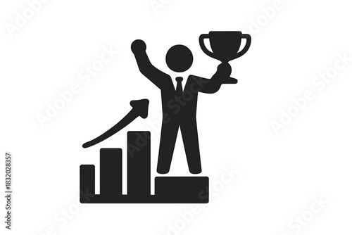 Successful business leader holds trophy while celebrating achievement with upward trend in background in a professional setting