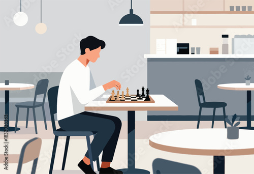 An illustration shows a person seated at a cafe table playing chess. The cafe has minimalist decor