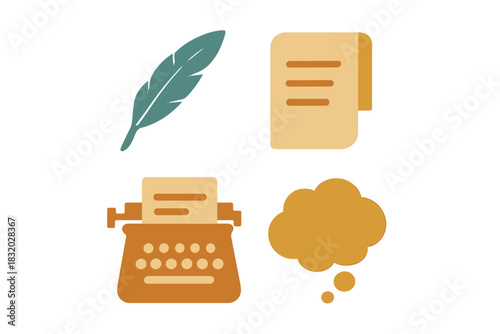Creative elements of writing with a feather quill, sheets of paper, a typewriter, and thought bubbles illustrated in warm colors