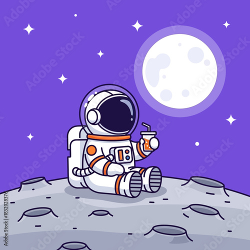 Astronaut takes a refreshing break on the moon, sipping a drink under a sky of stars