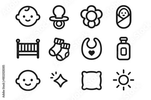 Infant Icons Collection. Infant Essentials Collection linear icon set: baby outline, pacifier ring, teething toy, swaddle wrap, crib icon, baby socks, soft bib, lotion bottle