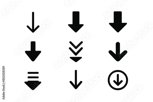 Various downward arrows in different styles and designs, showcasing direction and movement concepts for graphic applications