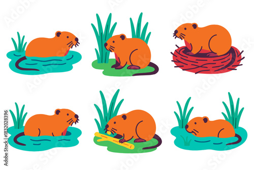 Colorful cartoon illustrations of playful otters in various natural settings during daytime activities