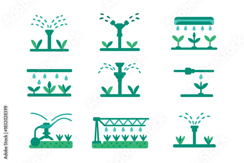 Various types of irrigation systems for gardening and farming shown in a simple and clear design